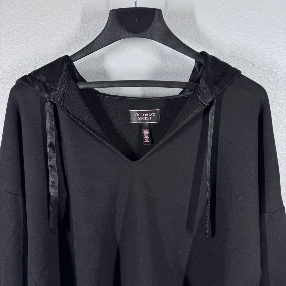 Victorias Secret Womens Black Satin Trim Cropped V-Neck Hoodie Sweatshirt XL - Picture 10 of 13